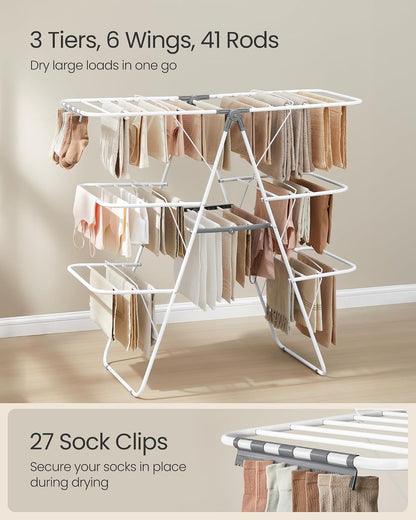 SONGMICS Clothes Drying Rack, Foldable Laundry Drying Rack, Blue | Sock Clips, Metal Clothes Airer with Height-Adjustable Gullwings, Space-Saving, Indoor Outdoor, ULLR505EQ01