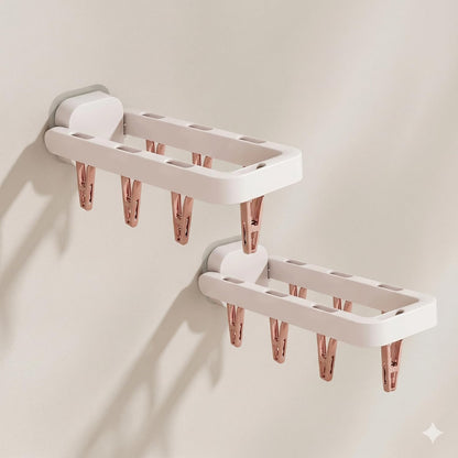 Foldable Wall Mounted Drying Rack with 7 Hidden Clips, Punch-Free Adhesive Sock & Underwear Hanger, Collapsible Space-Saving Laundry Rack for Bathroom, Balcony & Washstand, Holds 11 lbs (White-1 Pcs)
