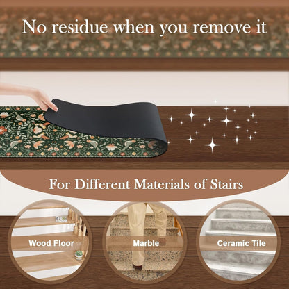 OJIA Floral Stair Treads Non-Slip Stair Runner for Wooden Steps Indoor 15PCS 30"x8" Carpet Stair Treads Stair Mats Staircase Step Treads for Kids, Elders and Dogs, Stair Covers, Black