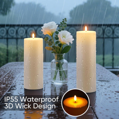 Raycare 3"x2.5" White Outdoor Waterproof Flameless Candles with Remote and Timer, Realistic LED Candles, Battery Operated Electric Fake Pillar Candles for Porch, Patio, Garden, Set of 2