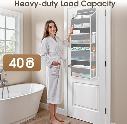 SpaceHacks 1 Pack Over The Door Organizer, Hanging Storage Organizer with Clear Window, 40lb Ultra Sturdy Large Capacity Room Organizer for Pantry Laundry Bathroom Nursery Closet Baby Essential (Grey)