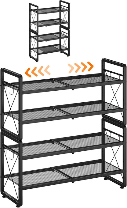 ELYKEN Shoe Rack, 2-Tier Expandable Shoe Organizer for Closet, Metal Black Shoe Shelf with 4 Hooks, Adjustable Shoe Stand Holder for Entryway, Garage, Door Entrance