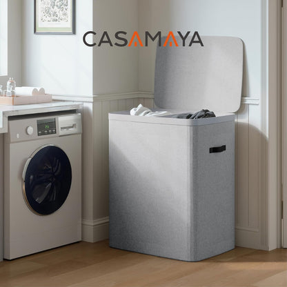 CASAMAYA Laundry Basket with Lid, Laundry Hamper 3 Section, 190L collapsible Laundry Organizer, Easy Assembly, with Handles and Removable Liners, 25.2 x 15.7 x 29.5 Inches, Beige JSP904M