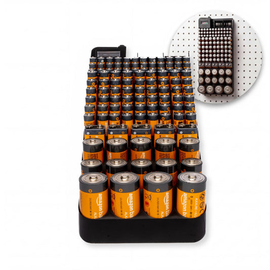 Bee Neat Hanging Battery Organizer with Tester - Battery Storage Box for Wall or Drawer - New & Improved Slanted Slot Design - Max. 117 Batteries AA, AAA, 9Volt, C, D & Button Batteries