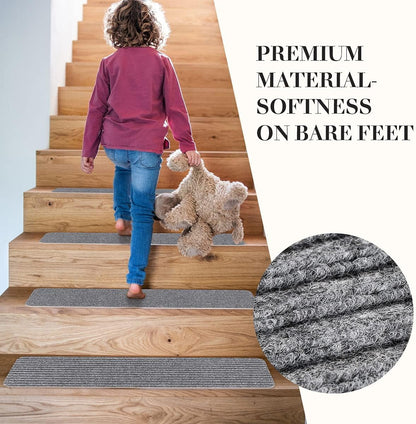 RIOLAND Stair Treads Carpet Non-Slip Indoor Stair Runners for Wooden Steps, Stair Rugs for Kids and Dogs, Set of 15, 8" X 30", Gray
