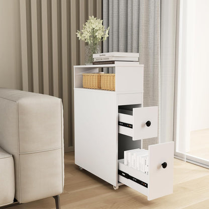 Tangkula Slim Bathroom Storage Cabinet, Movable Narrow Toilet Side Cabinet w/2 Slide Out Drawers, 2 Rattan Baskets & Shelves, Toilet Paper Holder on Wheels for Small Spaces