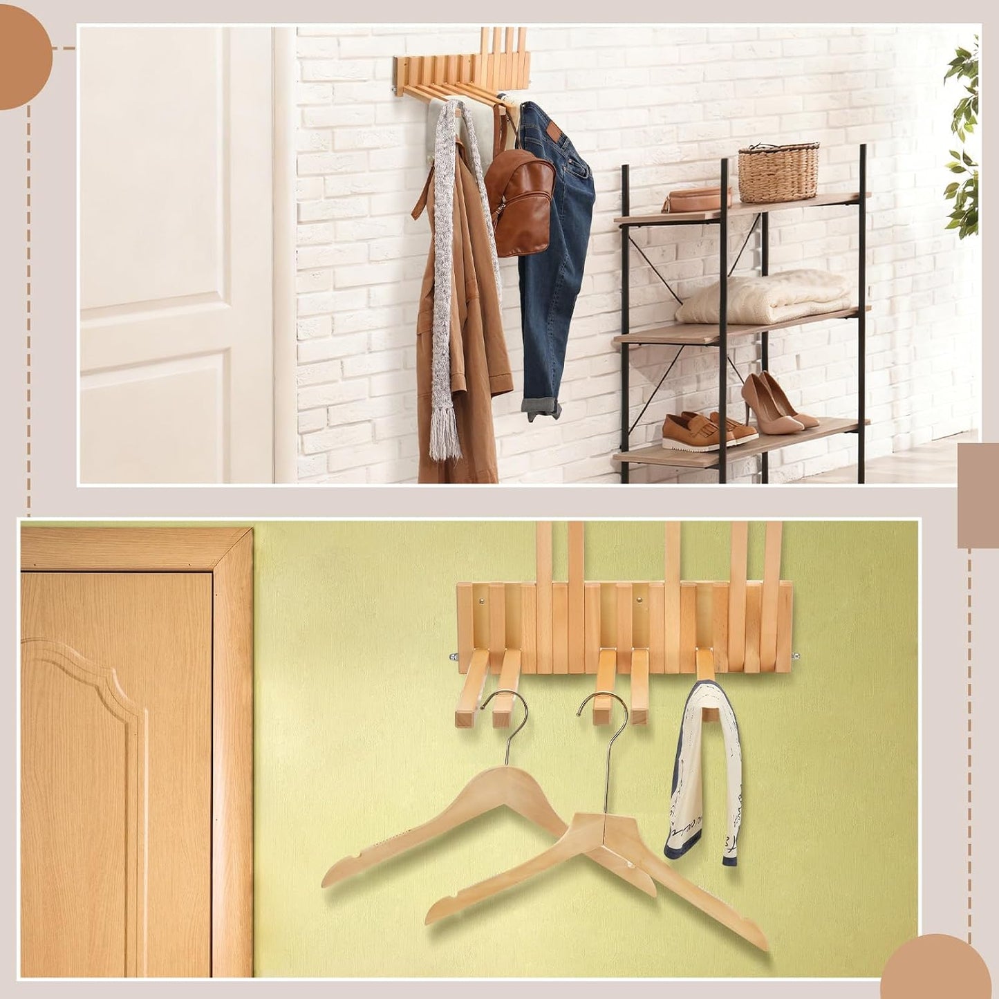 Domensi Beech Wood Wall Mounted Drying Rack for Laundry Room with 10 Mount Folding Coat Hooks Racks Drying Hanger for Bathroom Hat Towels Robes Rack Saving Space (Wood Color)