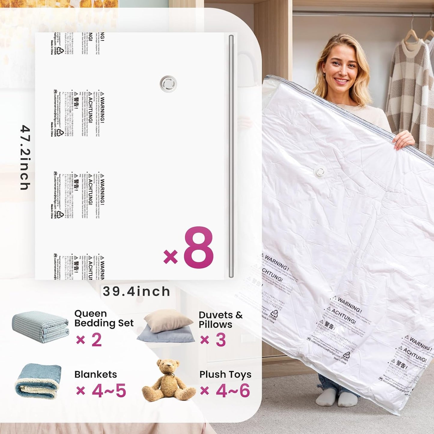TAILI 8 Pack Vacuum Storage Bags, Jumbo Size (31×40 inch), Vacuum Seal Bags for Clothing, Bulky Bedding, Comforter, Blankets, Pillows, Space Saver Packing