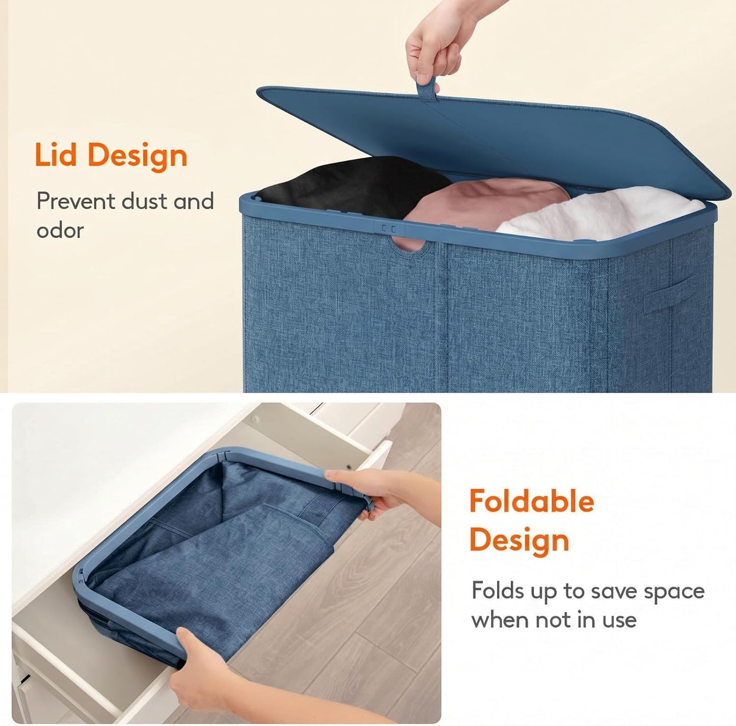 Lifewit 185L 3 Section Laundry Hamper with Lid, Large Laundry Basket with Handles and Removable Bags, Tall Clothes Hamper, Foldable Laundry Sorter for Bedroom Bathroom, Beige