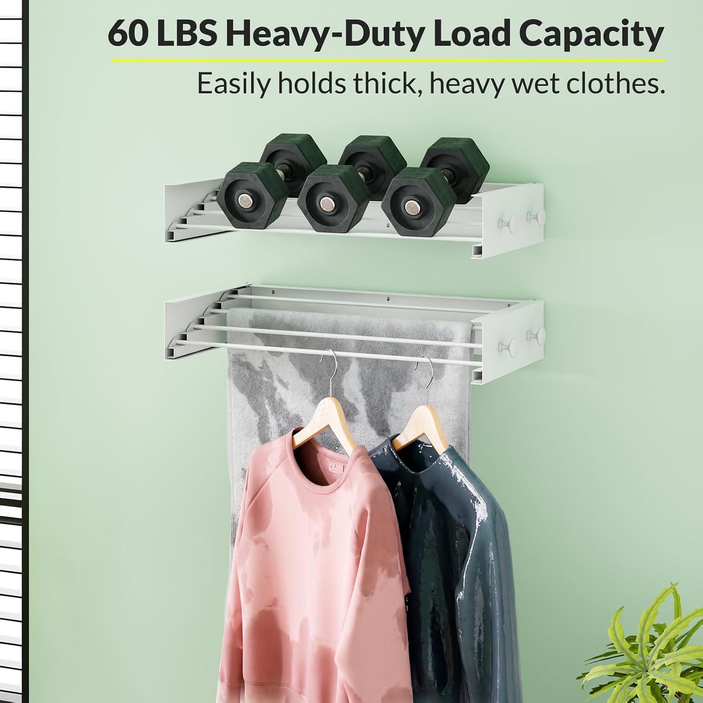 Wall Mounted Drying Rack, 23.6" Retractable Clothes Drying Rack, Heavy Duty 60LB Capacity with 4 Stainless Steel Rods, Foldable Laundry Rack for Indoor Laundry Room, Balcony & Bathroom