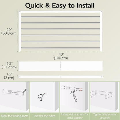 Vikaqi Wall Mounted Clothes Drying Rack 32", Foldable Wall Mount Laundry Rack Folding Indoor, Drying Rack Clothing Collapsible, Hidden Space Saver with Wall Template, 5 Rods, White