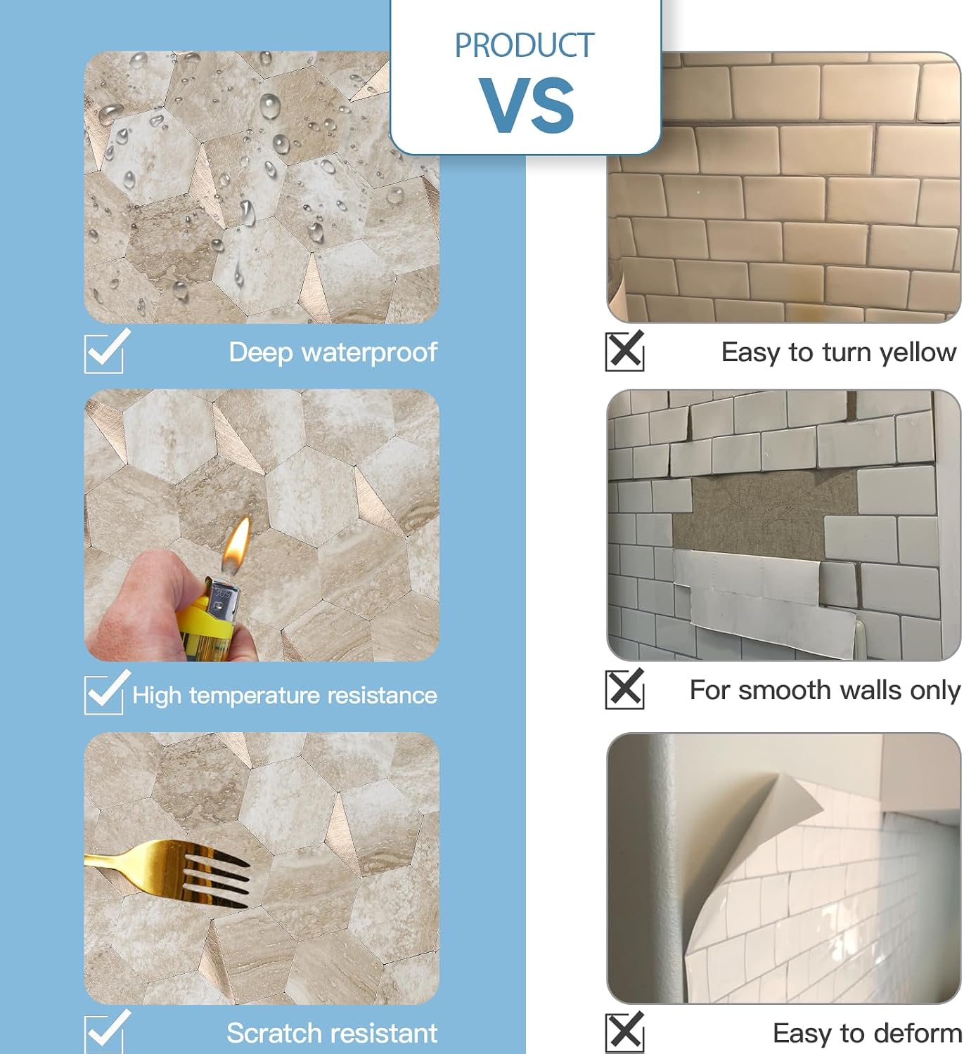 10-Sheet Heavy-Duty Hexagon Peel and Stick Backsplash, Thick Waterproof &Heat Resistant Stick on Wall Tiles, Slate Beige Mosaic for Kitchen & Bathroom, Strong Adhesive Permanent PVC Tiles