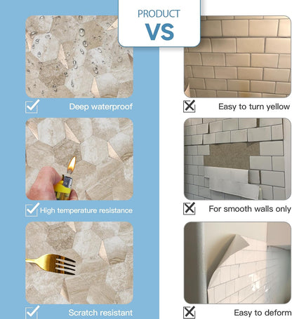 10-Sheet Heavy-Duty Hexagon Peel and Stick Backsplash, Thick Waterproof &Heat Resistant Stick on Wall Tiles, Slate Beige Mosaic for Kitchen & Bathroom, Strong Adhesive Permanent PVC Tiles
