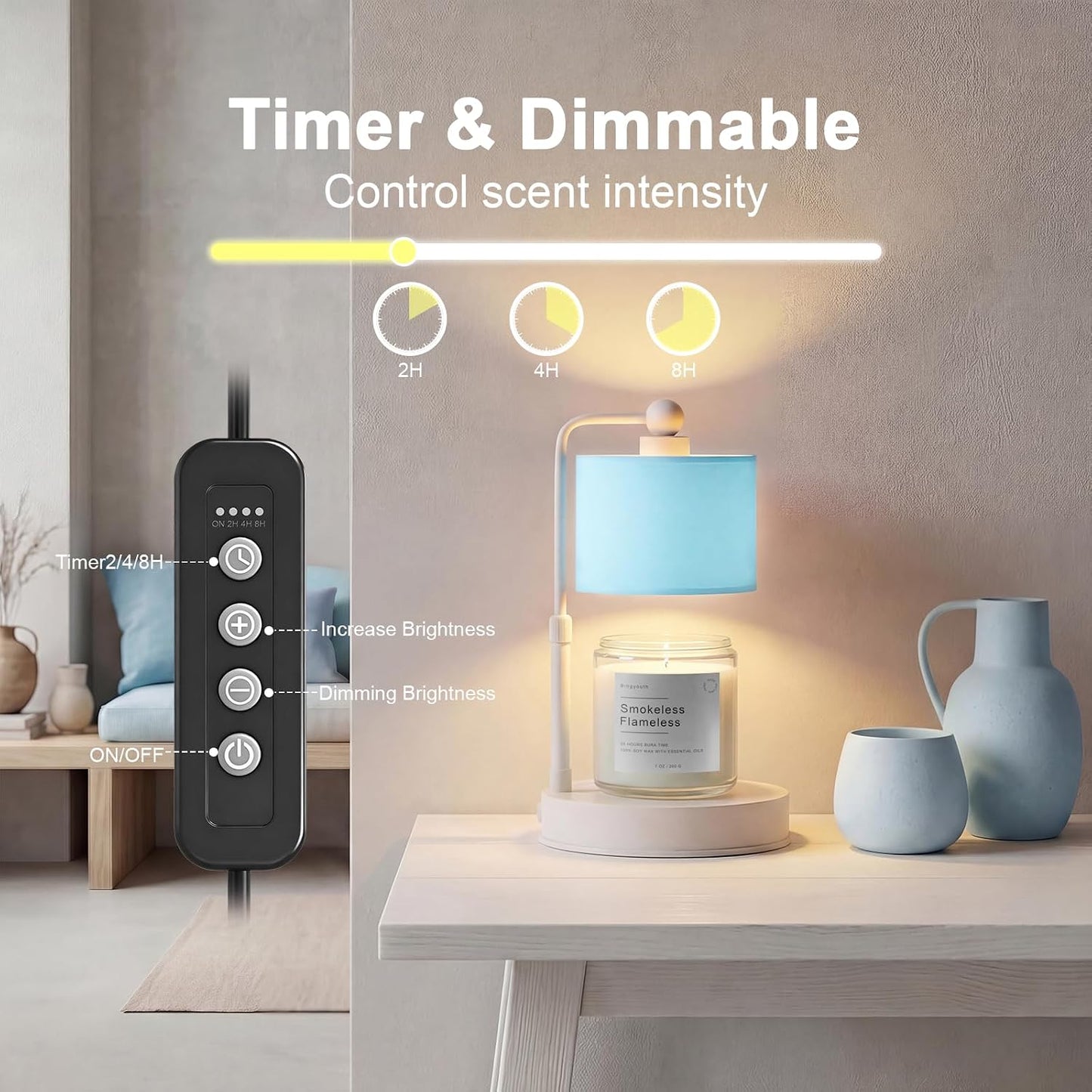 Candle Warmer Lamp with Timer, Modern Farmhouse Candle Warmer, Height Adjustable & Dimmable Electric Candle Warmer Lamp, Includes 2 Bulbs, Birthday Gift for Women, Mom, Housewarming - Flaxen