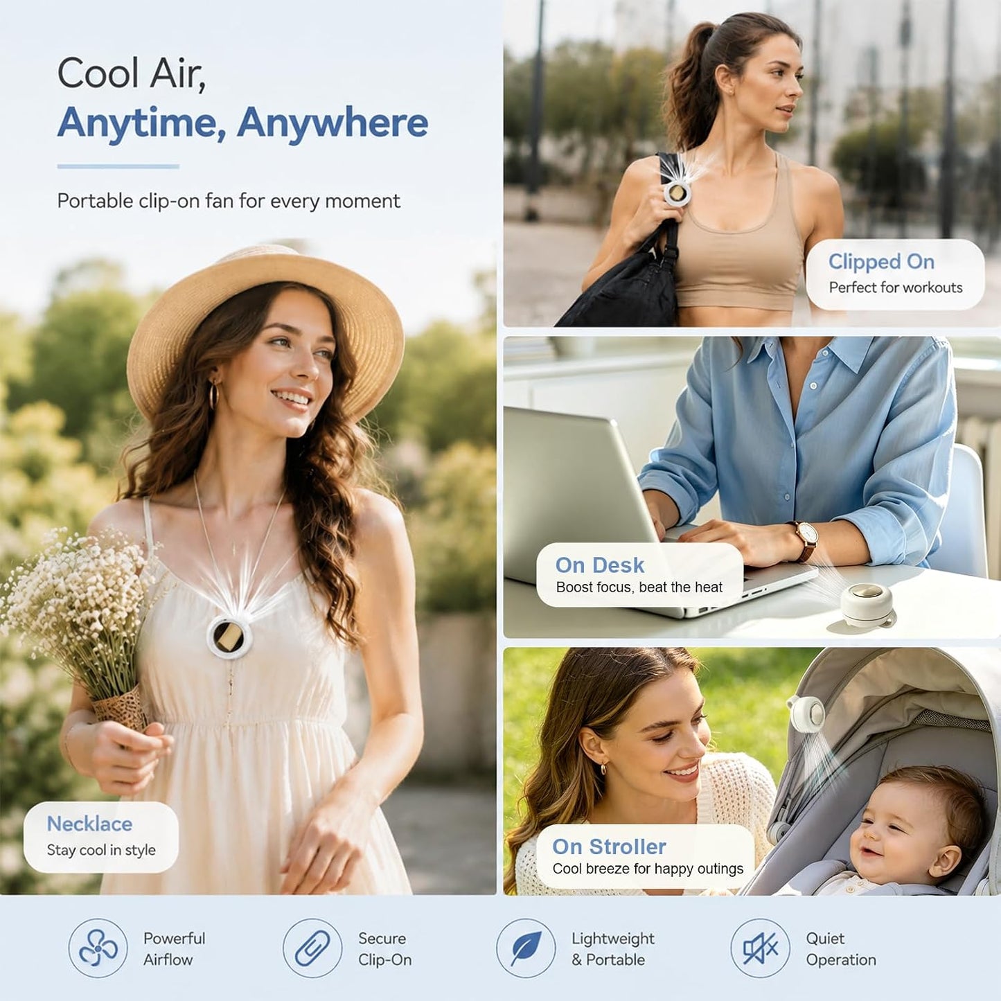 Portable Clip-on Fan, Silent Bladeless Mini fan, 360°Rotation 3-speed Modes Whirlwind Fans For Waist Clips Hands-Free Cooling Fan Suitable For Outdoor Sports Trip Work Travel White