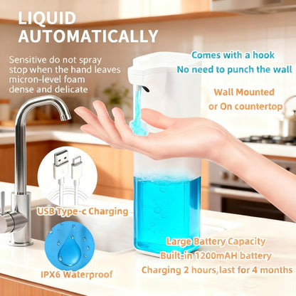 Automatic Foaming Soap Dispenser,Touchless Foam Soap Dispenser 4-Level Adjustable Electric, Auto Bathroom Kitchen Hand Soap Dispenser,12oz/350ml, Wall Mounted, Rechargeable
