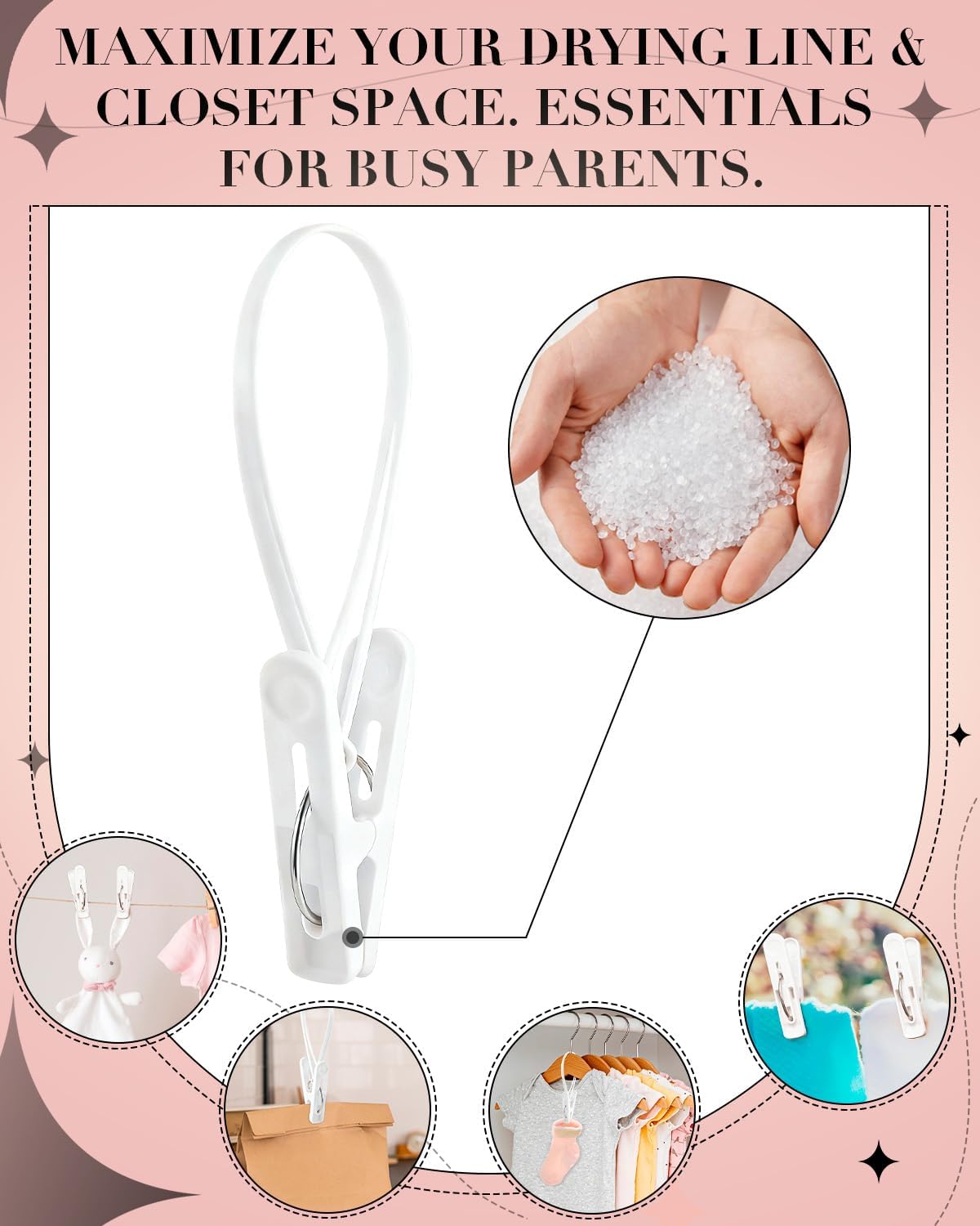 100 Pack Multi Purpose Laundry Hanging Clips with Rope, White - Strong Grip Hanging Clips for Baby Hangers, Pants, Socks, Towels & Closet Organization, Multi-Purpose Laundry Drying Hooks