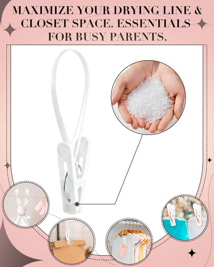100 Pack Multi Purpose Laundry Hanging Clips with Rope, White - Strong Grip Hanging Clips for Baby Hangers, Pants, Socks, Towels & Closet Organization, Multi-Purpose Laundry Drying Hooks