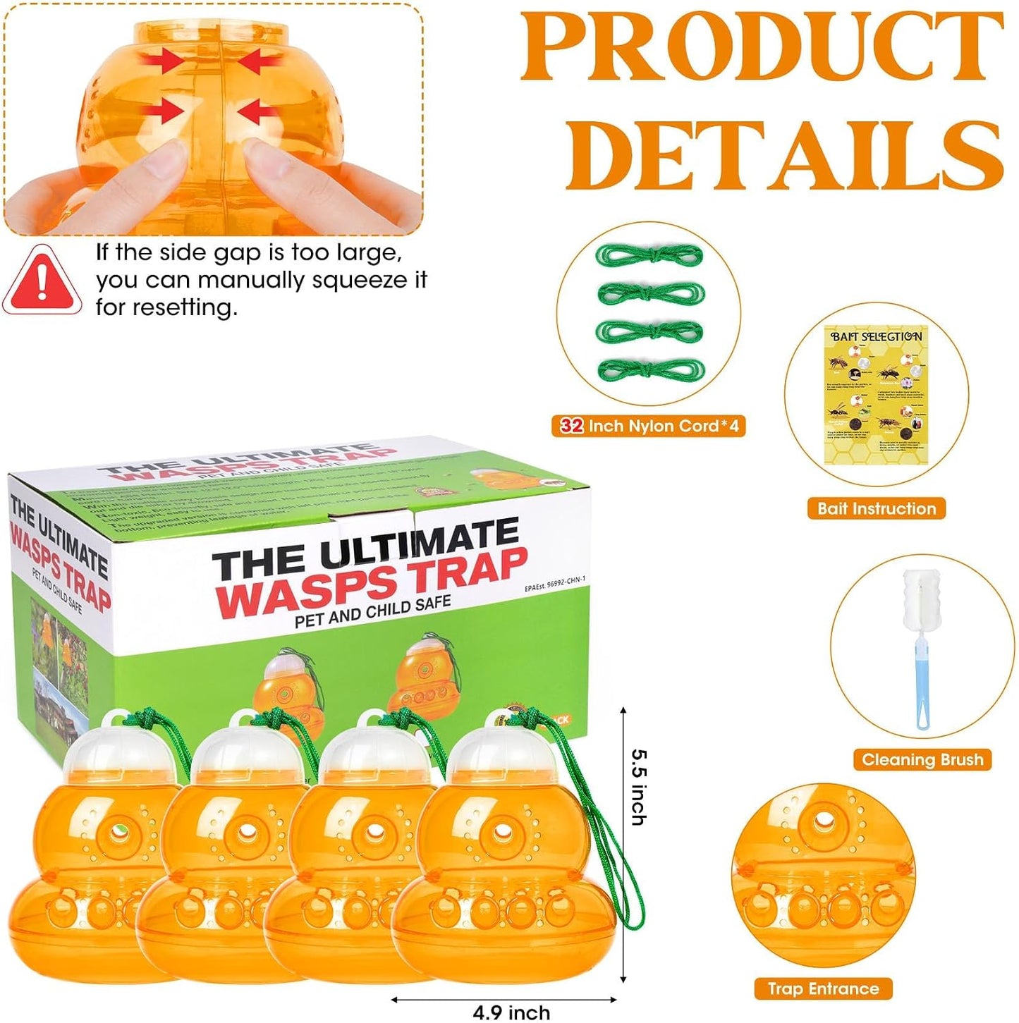 4 Pack Reusable Wasp Traps Outdoor Hanging | Yellow Jacket Trap Carpenter Bee Traps for Outside Hornet Trap Wasp Catcher for Outdoors, Wasps Killer Garden, Farm