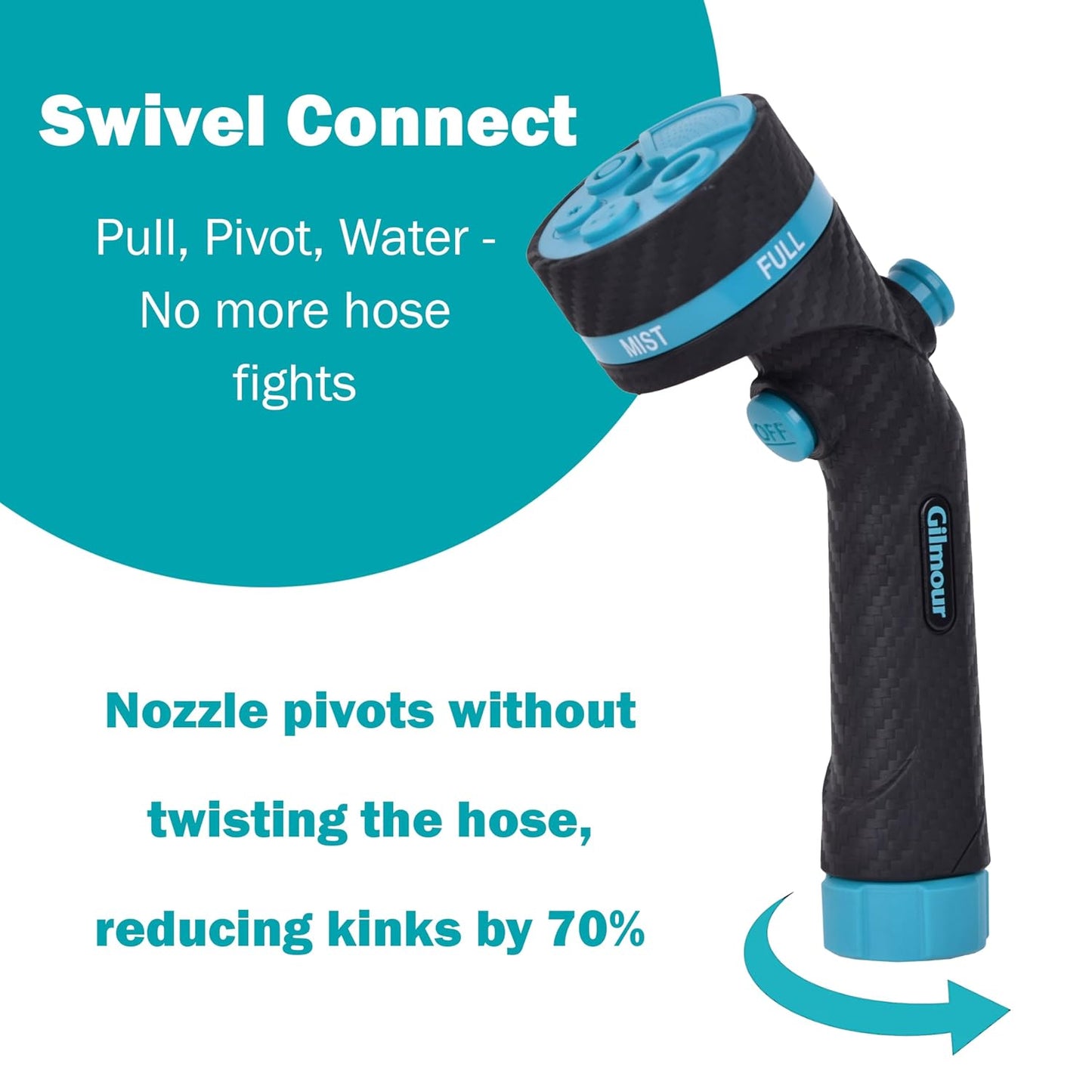 Gilmour Heavy Duty Garden Hose Nozzle, Swivel Connect, 5 Spray Patterns, Ergonomic Grip, Flow Control, Trigger Lock, Button Control