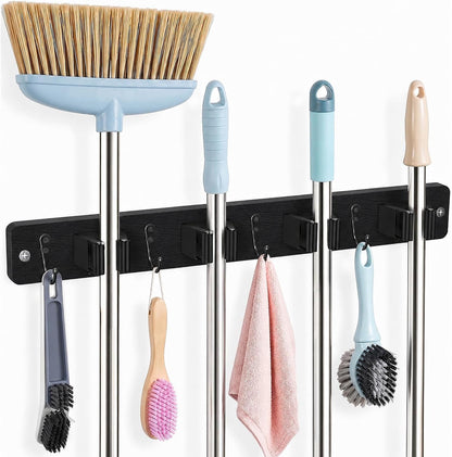 AceMining Broom Holder Wall Mounted, White 4 Holders and 4 Hooks Mop Holder, Wooden Mop and Broom Holder with Anti slip rubber, Natural pine wood Brush Holder, Mop Wall Holde with Nail installation