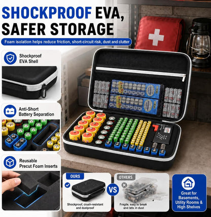 PAIYULE Battery Organizer Storage Box with Tester, Shockproof EVA 220+ AA AAA C D 9V Capacity Emergency Power Solution, Unique 8 D-Cell Home Kitchen Garage Organization