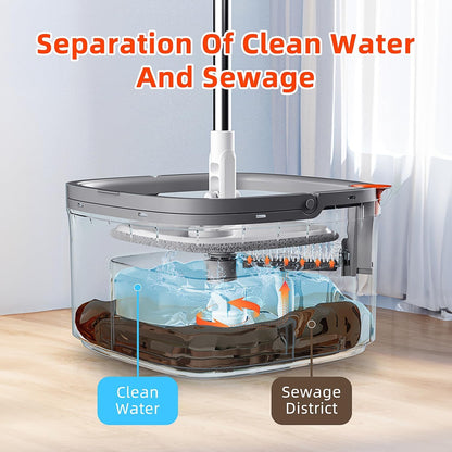 Spin Mop and Bucket Set with 2 Replaceable Microfiber Mop Pads with Self Separation Dirty and Clean Water System, Self Wringing 360° Rotating Square Mop Head for Hardwood Tile Marble Floors