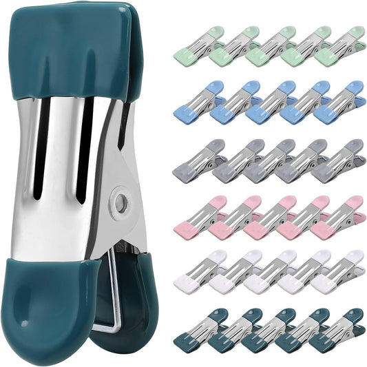 Clothes Pins Heavy Duty, 30 Pack, 2.17 Inch Metal Chip Clips, Clothespins for Photo Drying Clothesline Laundry Sock, Bag Clips for Food Kitchen Stainless Steel with Rubber, 6 Colors