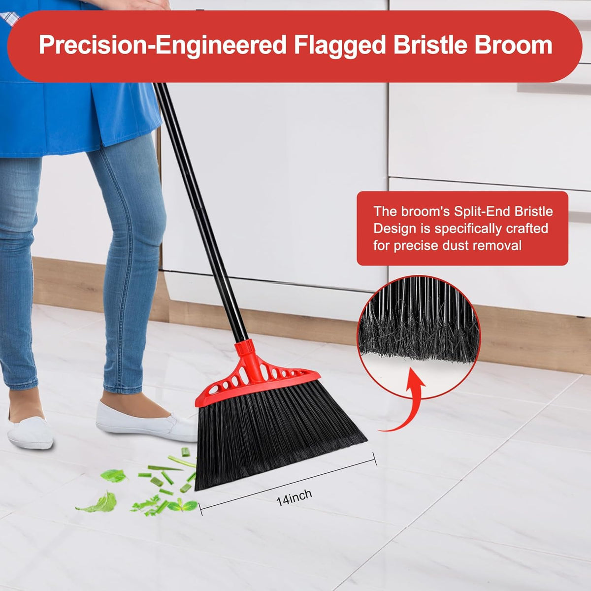 Tiumso Heavy Duty Angle Broom - 55" Adjustable Iron Handle with Stiff Bristles - Commercial-Grade Indoor/Outdoor Broom for Garage, Patio, Kitchen, Sidewalk & Concrete Cleaning (Black & Red)