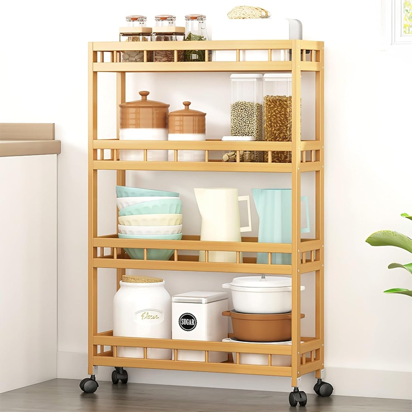 4-Tier Bamboo Kitchen Rolling Cart Removable Wood Trolley Island Cart, Utility Cart Multi-Layer Storage Shelf Rack on Wheels (19.7" L X 7.1" W X37.8 H)