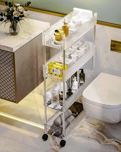 4-Tier Plastic Rolling Utility Cart with Wheels, Multifunctional Storage Organizer Cart for Home, Office, Kitchen & Bathroom, Ultra Narrow & Clear, 4.7”W * 12.8”L * 33”H