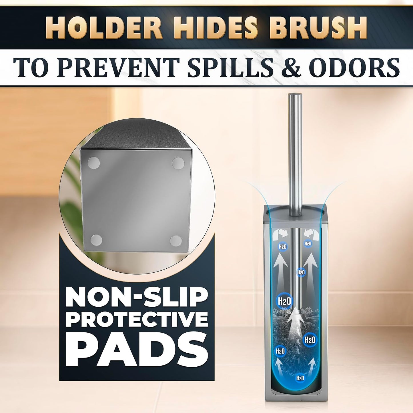 Black Toilet Brush and Holder Set - Slim Matte Design that Fits Anywhere - Stainless Steel Toilet Bowl Brush and Holder with 2 Rounded Corners, Replaceable Head, Removable Inner Bowl & Splash Guard