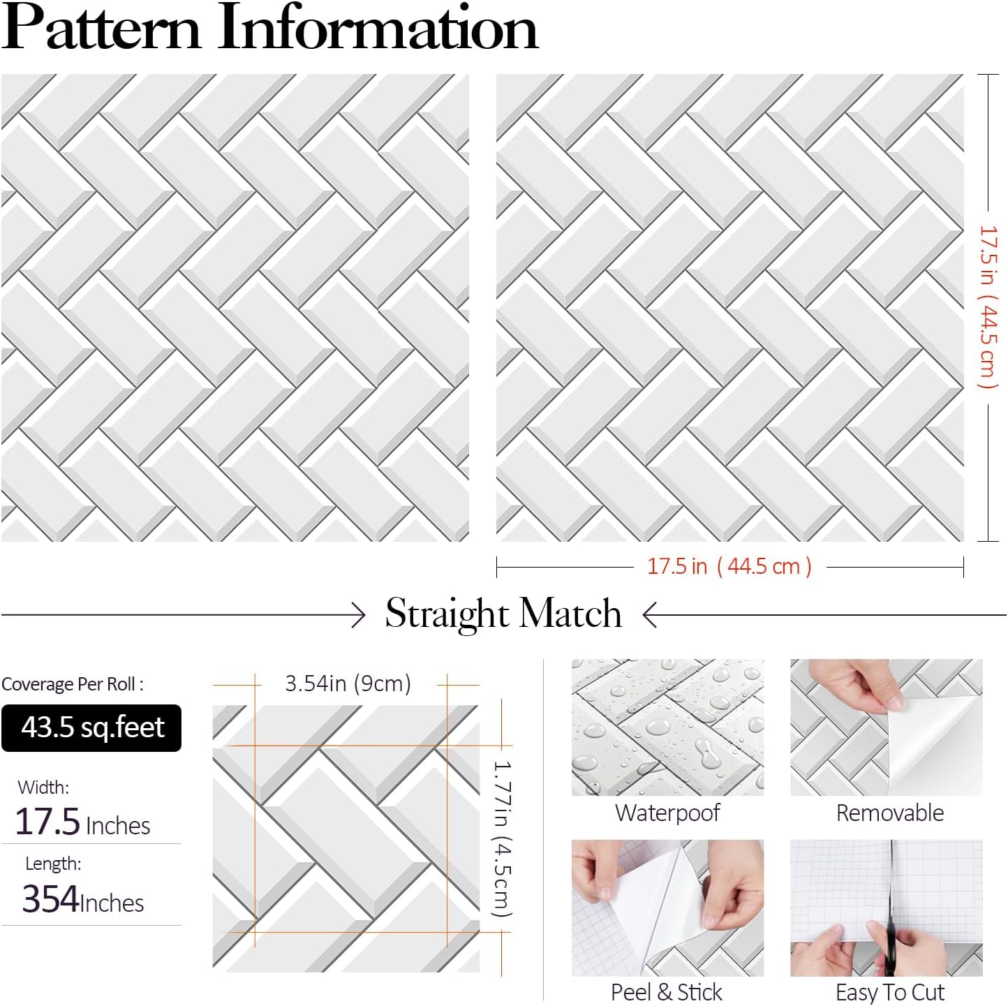 FunStick White Kitchen Wallpaper Peel and Stick Waterproof Herringbone Backsplash Wall Paper for Kitchen Bathroom Tile Wallpaper Removable White Contact Paper Peel and Stick for Cabinets 17.5"x118"