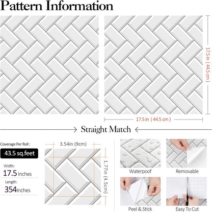 FunStick White Kitchen Wallpaper Peel and Stick Waterproof Herringbone Backsplash Wall Paper for Kitchen Bathroom Tile Wallpaper Removable White Contact Paper Peel and Stick for Cabinets 17.5"x118"
