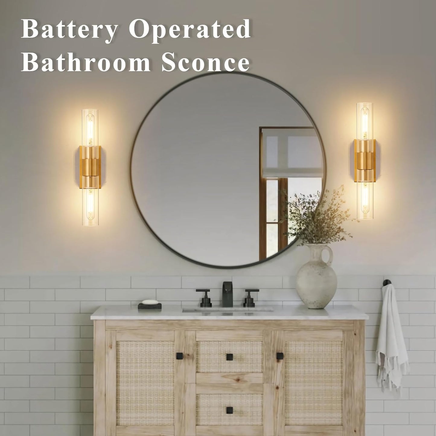 SANTOSTOCK Gold Battery Operated Wall Sconce Set of 2, 12000mAh Rechargeable Wall Lights with Remote Control, Wireless Dimmable Wall Lamps for Bedroom Living Room Bathroom Hallway Stairwell