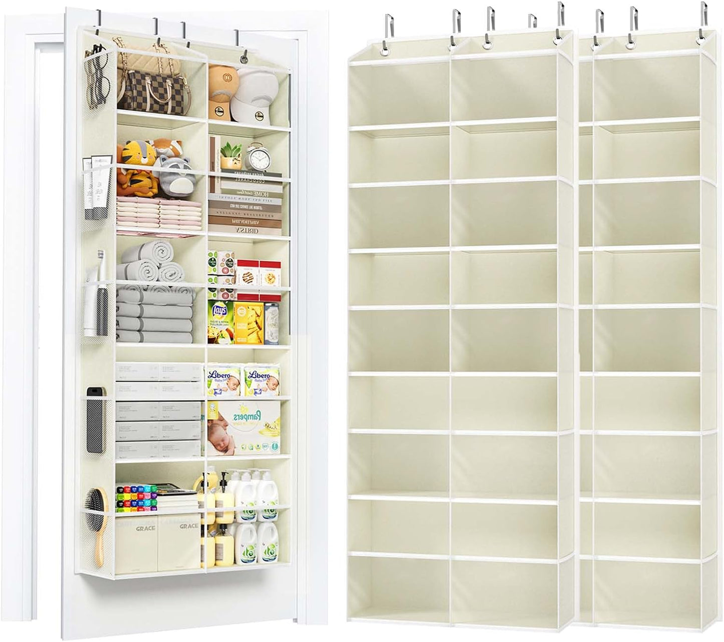 PureSpace 5-Tier Over the Door Organizer, 10 Side Mesh Pockets & Clear Windows, 80LBS Heavy Duty Hanging Storage for Baby Diapers, Shoes, Toys – Ideal for Nursery, Bathroom, Bedroom, Pantry (Grey)