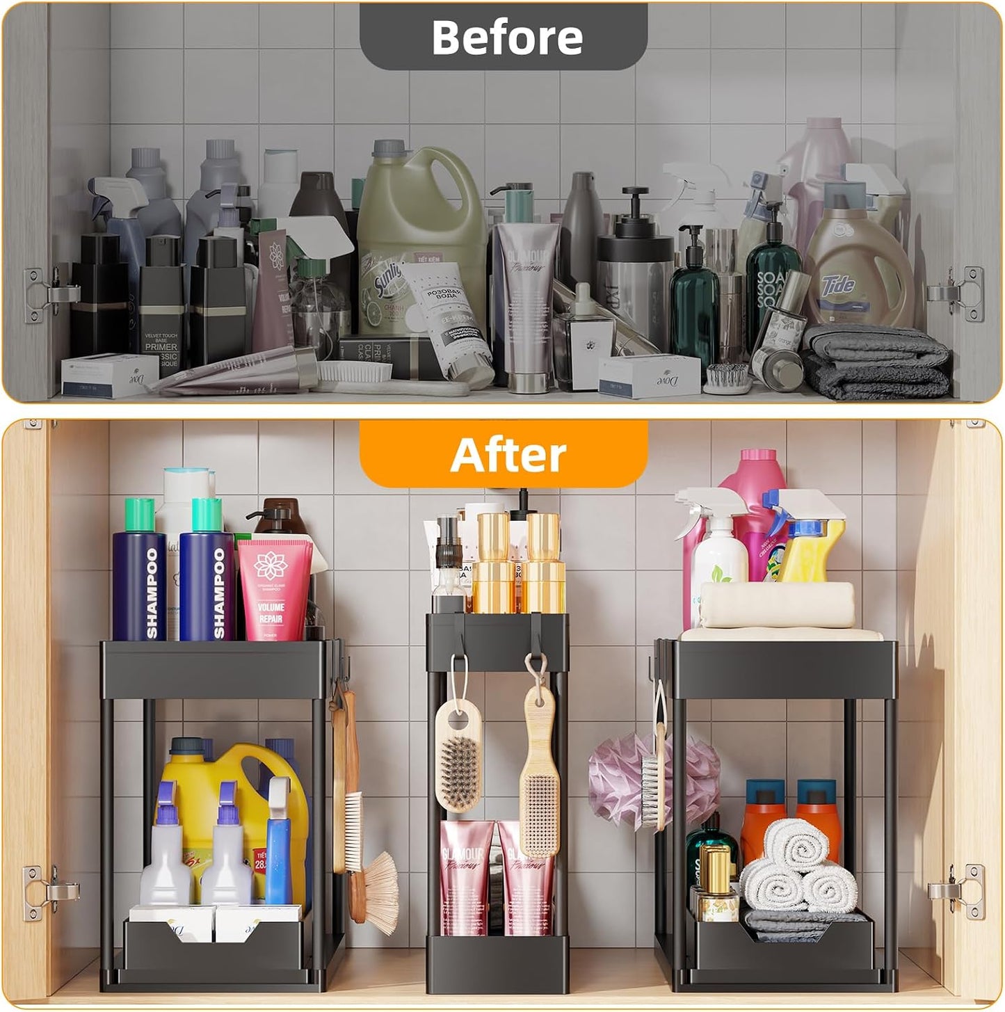 Simple Trending Under Sink Organizer 2 Pack, Sink Pull-Out Sliding Storage Cabinet, 2-Tier Under Shelf Organizer for Kitchen Bathroom, Black