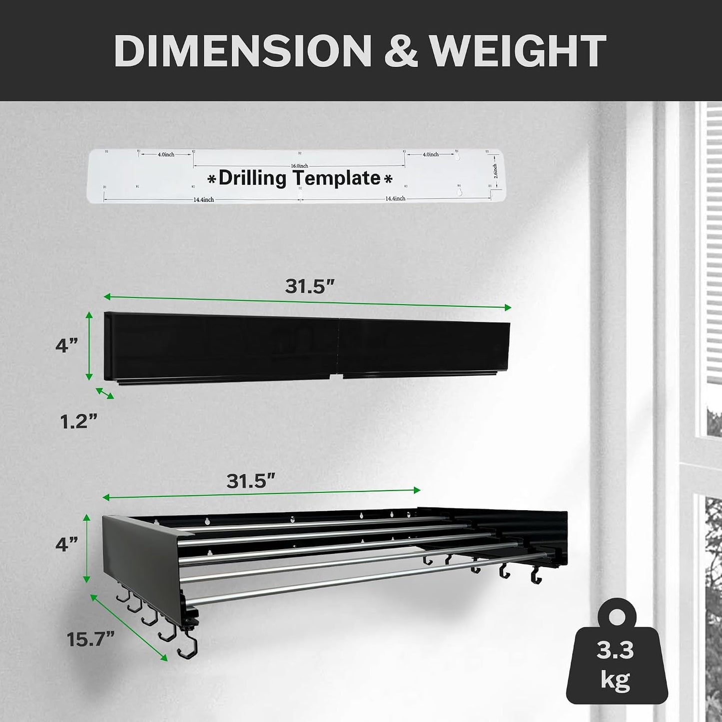 Foldable Wall Mounted Drying Rack - 31.5” Wide, 13.2 Ft Drying Space, 5 Aluminum Rods, Supports Up to 60 lbs - Retractable & Foldable Space-Saving Wall Mounted Clothes Drying Rack (Black)