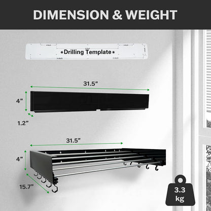 Foldable Wall Mounted Drying Rack - 31.5” Wide, 13.2 Ft Drying Space, 5 Aluminum Rods, Supports Up to 60 lbs - Retractable & Foldable Space-Saving Wall Mounted Clothes Drying Rack (Black)