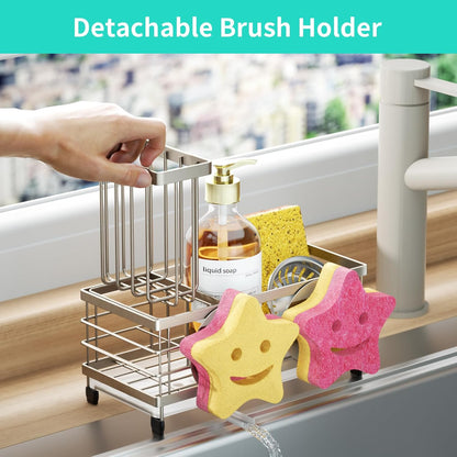 HapiRm Sponge Holder for Kitchen Sink - Self-draining Sink Caddy with Brush and Dishcloth Holders, Stainless Steel Kitchen Countertop Organizers and Storage Essentials - Black