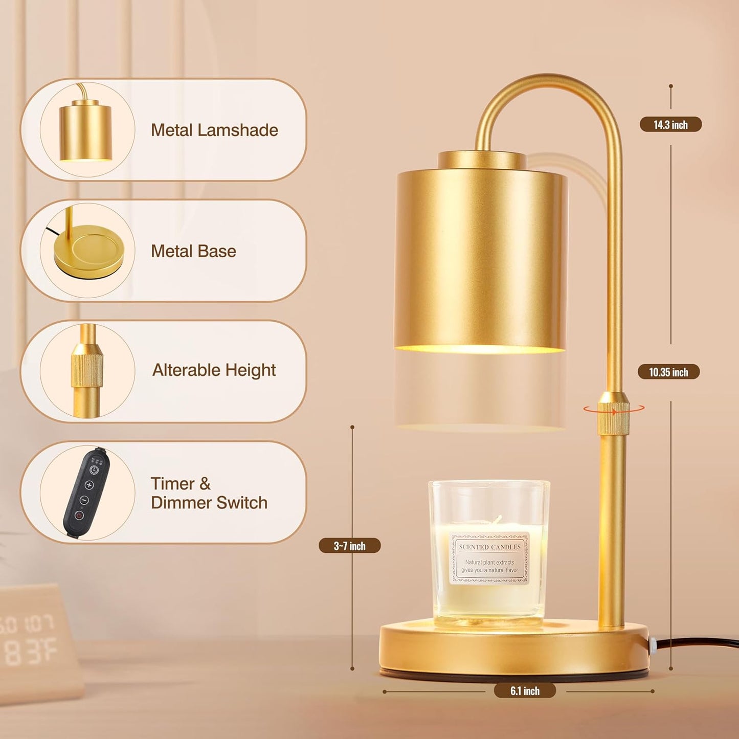 CASTLELIFE Candle Warmer Lamp with Timer & Dimmer, Height Adjustable Electric Wax Melt Warmer for Jar Candles, Gifts for Mom Home Decor, Black