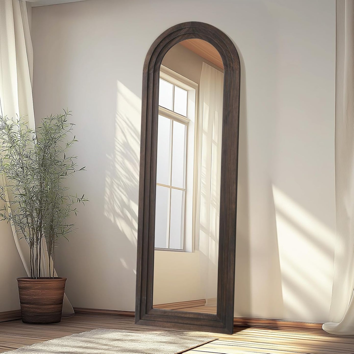MELOMOIR Arched Full Length Mirror with Solid Wood Frame, 56"x21" Rustic Farmhouse Floor Mirror with Stand, Free Standing Leaning Hanging, for Bedroom Living Room Dressing Room Entryway, Brown