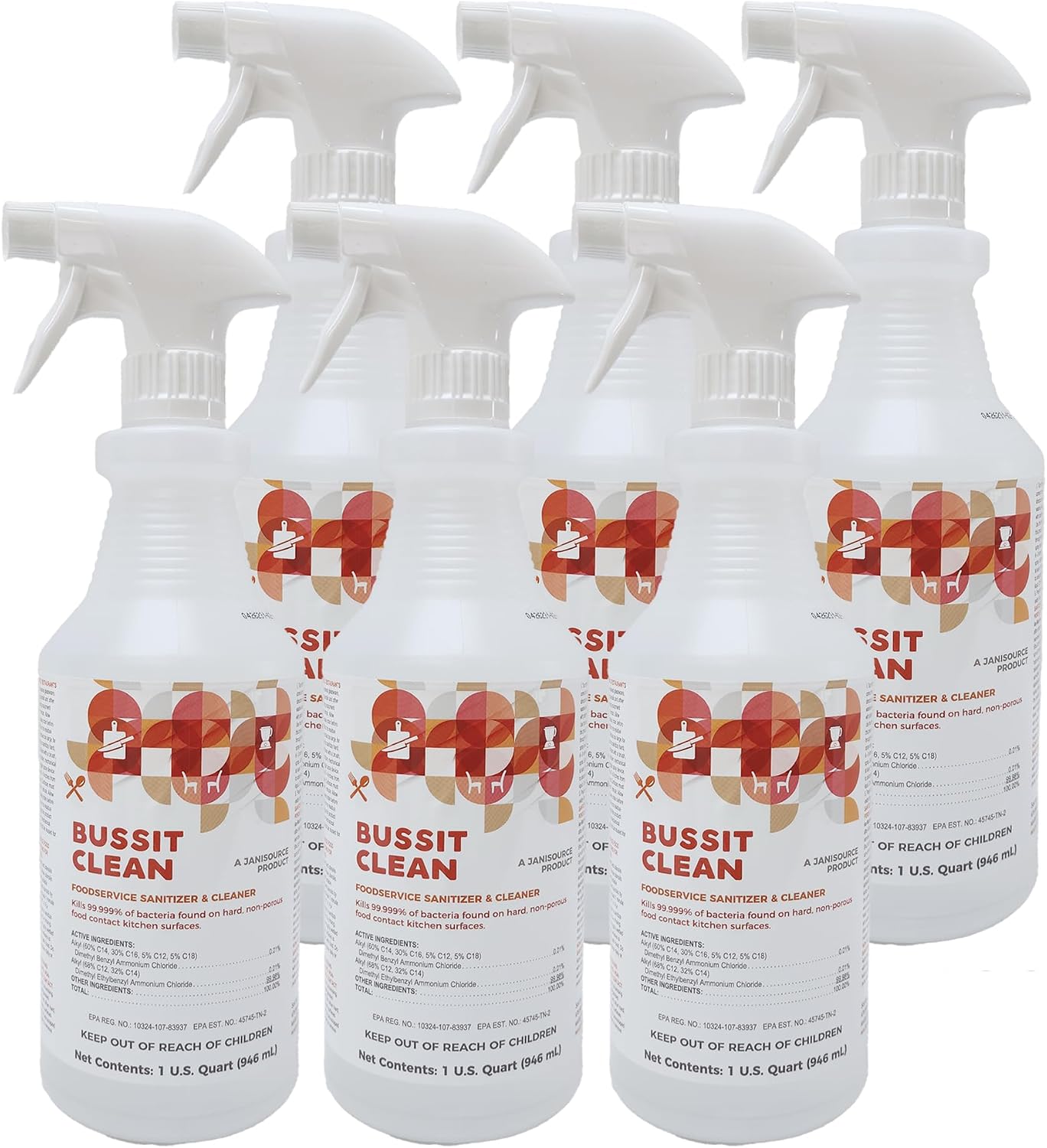 Bussit Clean Foodservice Surface Sanitizer & Cleaner, Spray and Wipe, Kills 99.9% of Kitchen Bacteria, 1 Quart (Each)