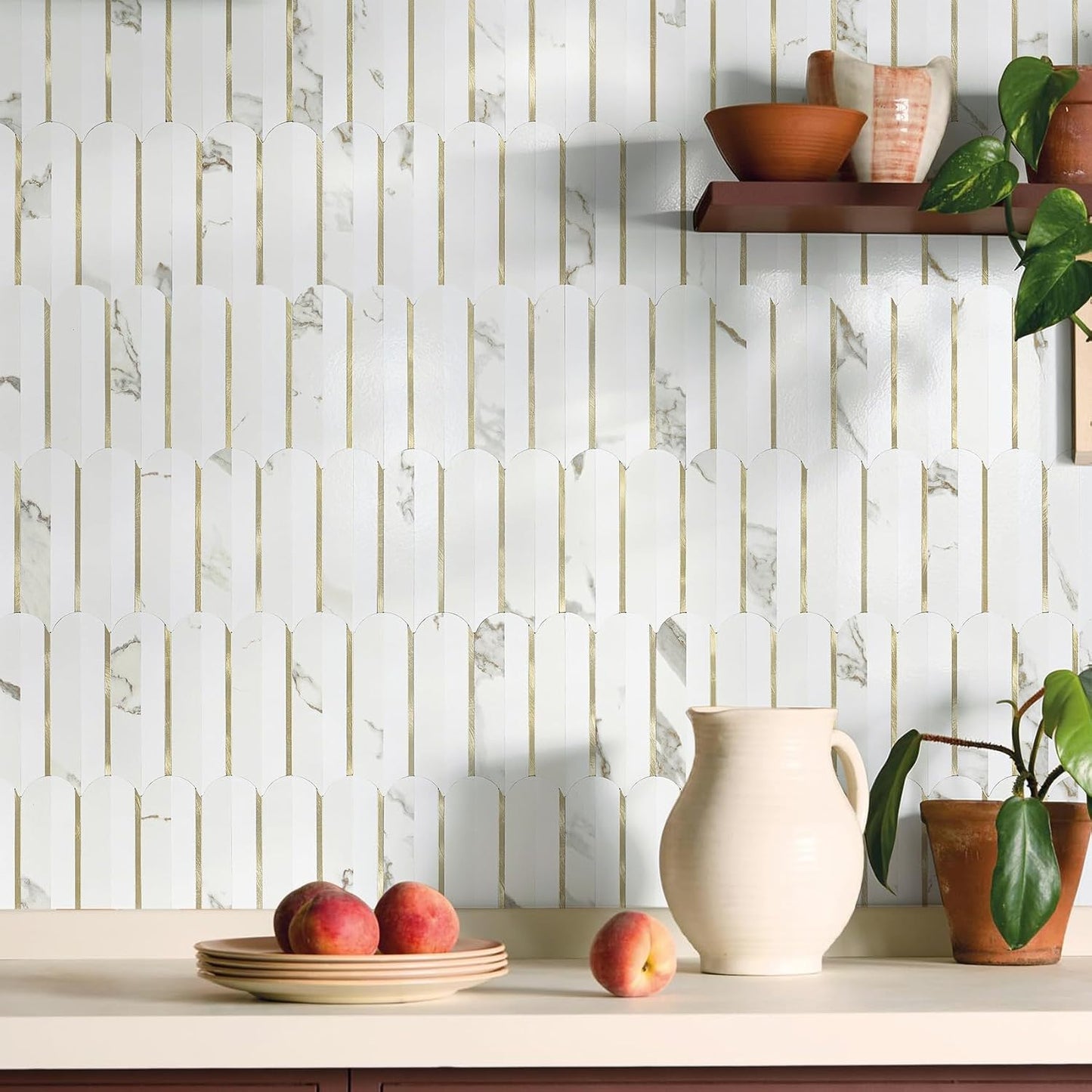 Vamos Peel and Stick Backsplash Seamless Tile for Kitchen and Bathroom,White and Beige Slate PVC Mixed Light Gold Self Adhesive Fish Scale Metal Mosaic Tiles (10 Sheets)