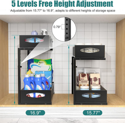 Housolution 2 Pack Under Sink Organizer, 2 Tier Metal Pull Out Under Sink Storage with Sliding Mesh Drawers, Height Adjustable Slide Out Under Sink Organizer for Kitchen Bathroom Cabinet, Black