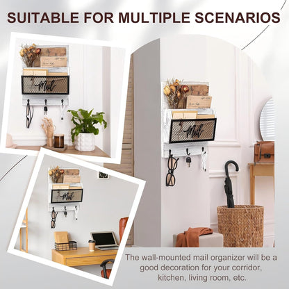 Yalikop Farmhouse Mail Organizer Wall Mounted Rustic Mail Holder Hanging Key Sorter with 3 Hooks Indoor Wooden Wall Mounted, Letter, Magazines, Newspapers, Keys(Classics,Brown)