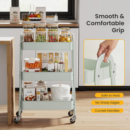 DUMOS 3 Tiers Rolling Cart, Utility Cart, Metal, White | Mobile Storage, Lockable Wheels, Utility Shelving Unit, Kitchen, Bathroom, Laundry, Narrow Places