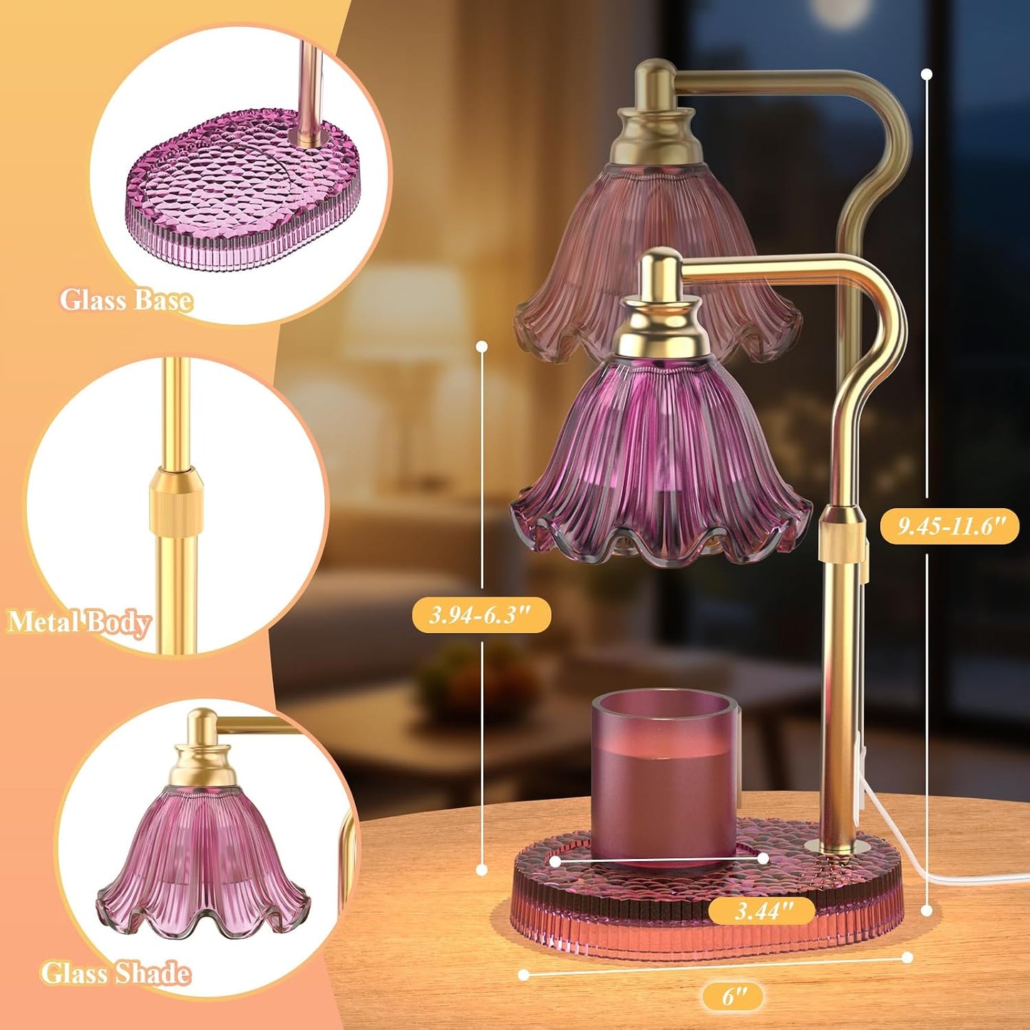 Candle Warmer Lamp with Adjustable Height - Flameless 4-Level Dimmable Wax Warmer, Timer Function & Stylish Design in Multiple Colors (Green)