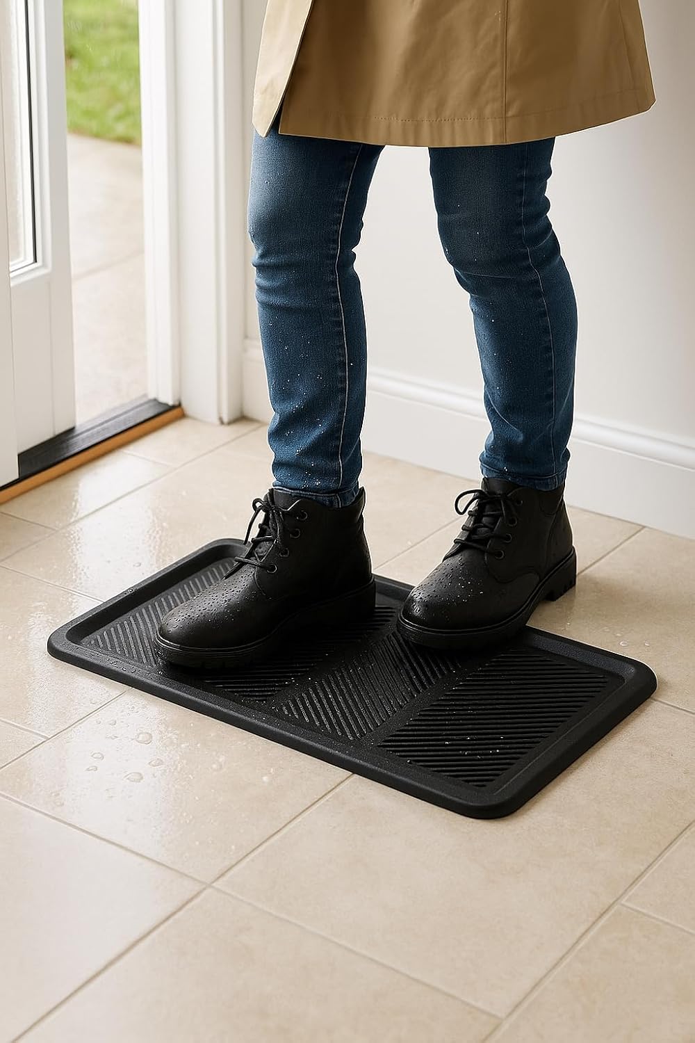 Rubber Boot Tray Scraper Mat – 13/16″ Thick, 32″ × 16″ Heavy-Duty Floor Protection Mat for Shoes, Indoor Outdoor Use