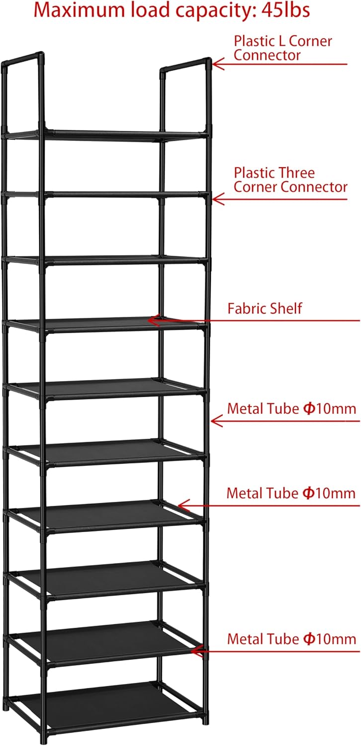 FIDUCIAL HOME 10 Tiers Shoe Rack Organizer 20 Pairs Tall Shoe Shelf | Tall Narrow Space Saving for Closet Entryway Dorm, Easy to Assemble, 17"L x 11"W x 68.8"H, Black